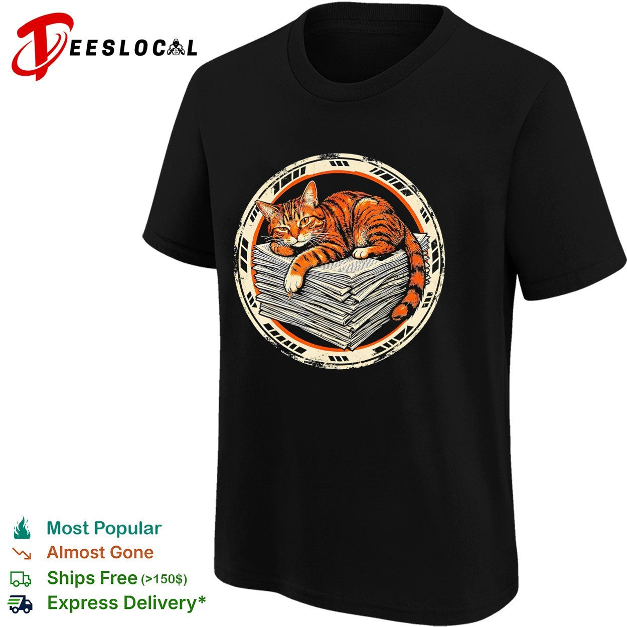 Orange cat sleeping on newspapers circle badge shirt