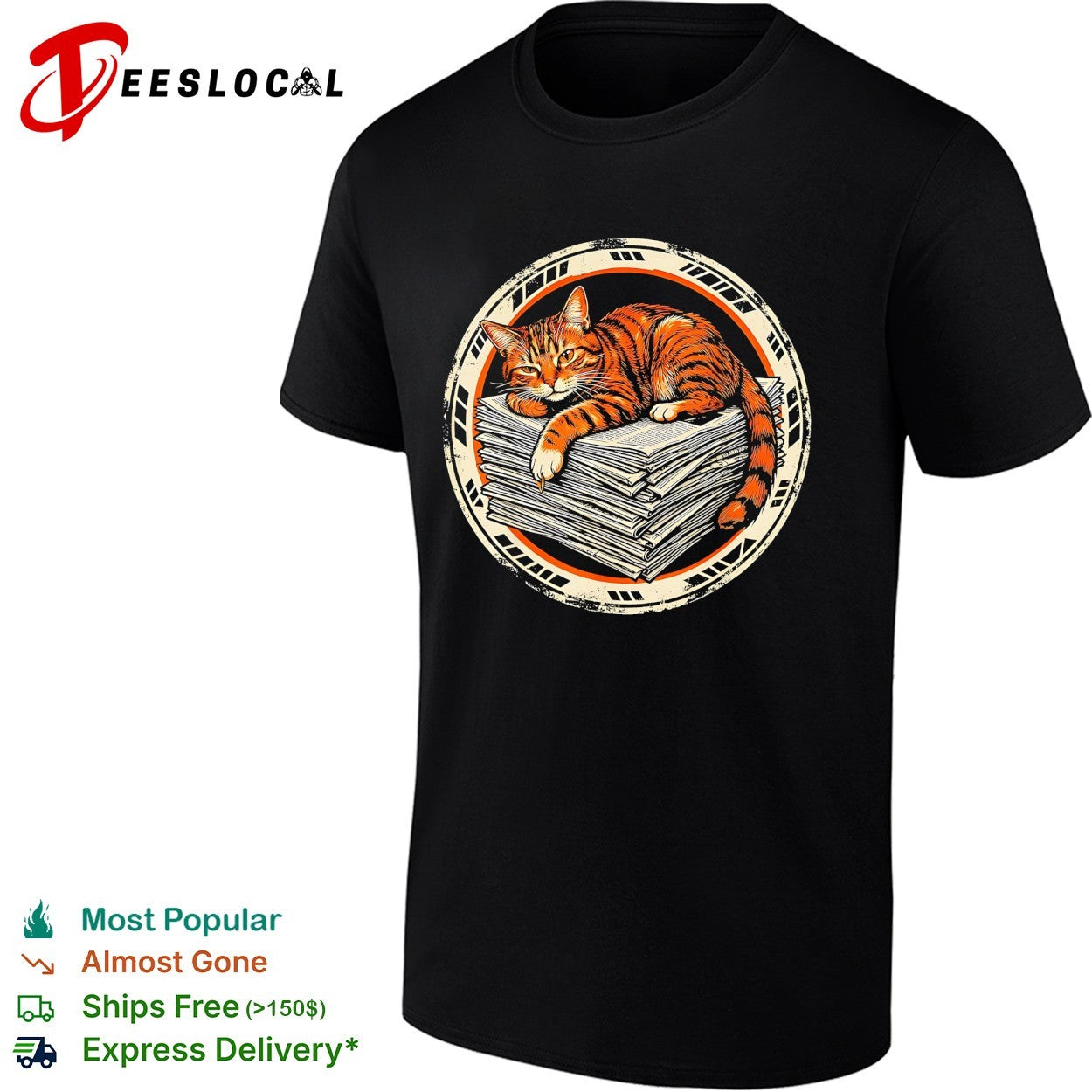 Orange cat sleeping on newspapers circle badge shirt