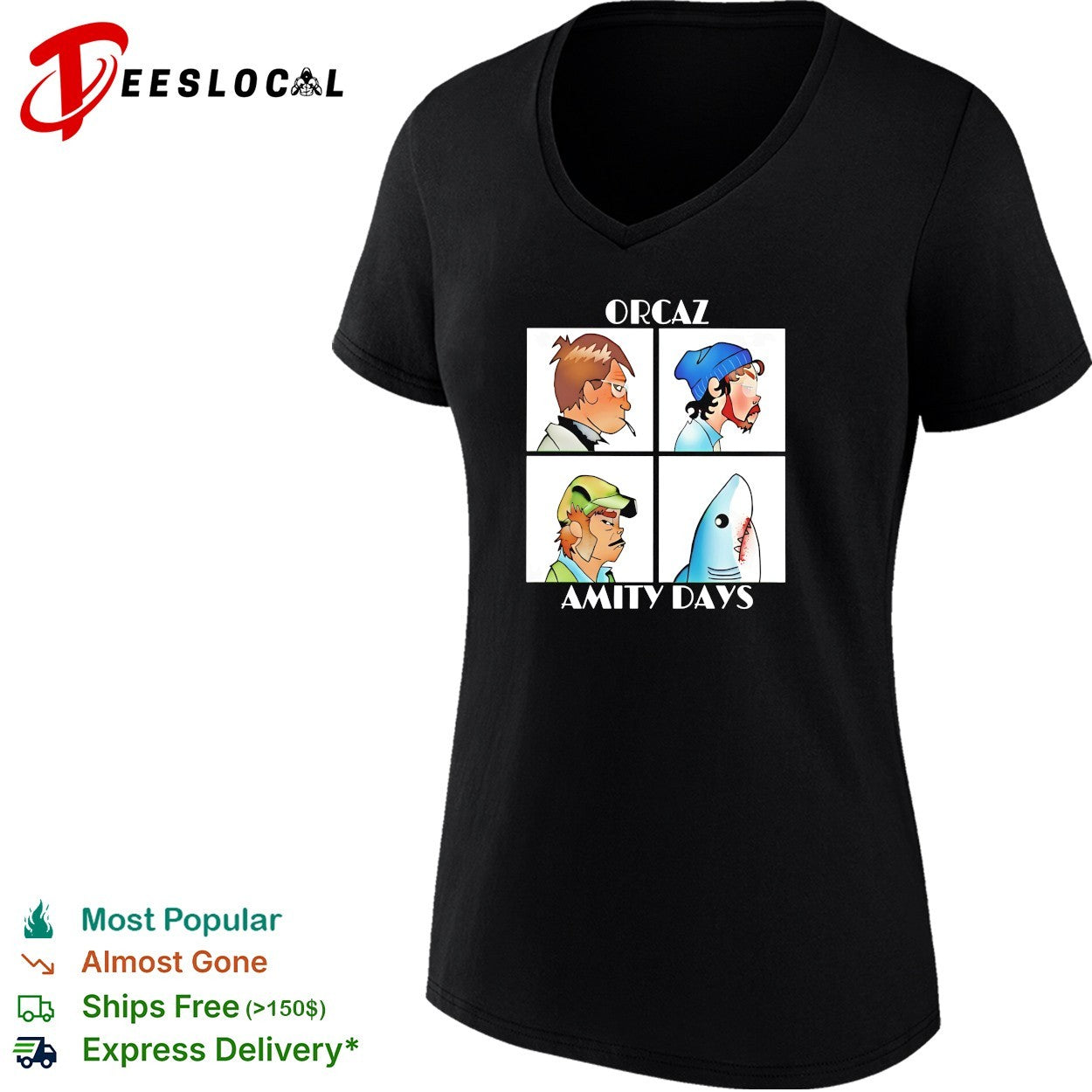 Orcaz Amity Days four character portrait grid parody shark bite album cover shirt