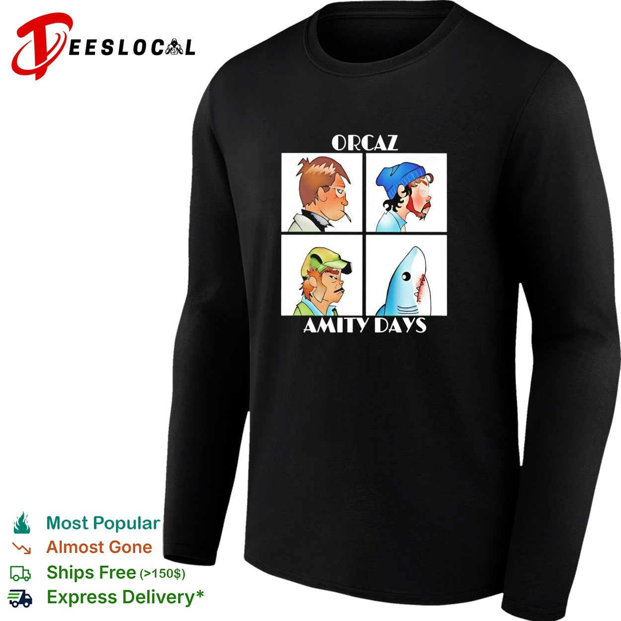 Orcaz Amity Days four character portrait grid parody shark bite album cover shirt
