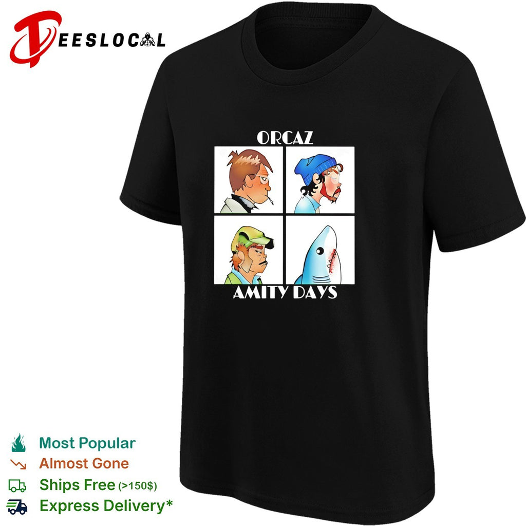 Orcaz Amity Days four character portrait grid parody shark bite album cover shirt