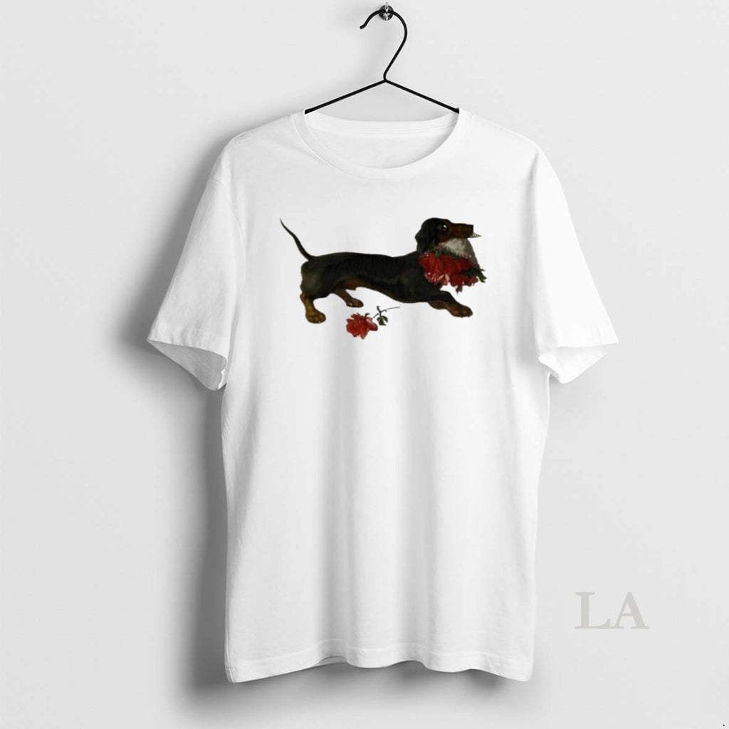 Original Top Dachshund Running With A Bouquet Of Red Flowers In Her Mouth