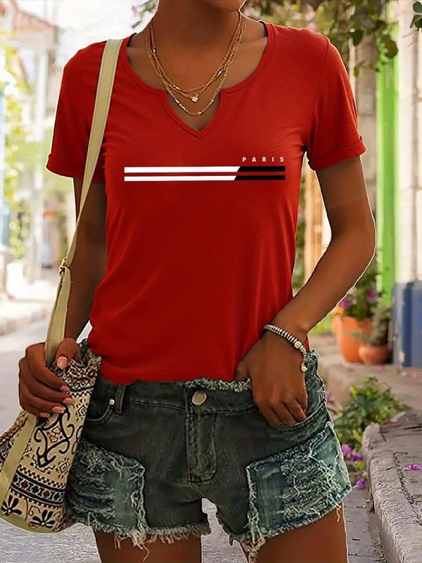 Paris Letter Print T-Shirt for Women, Trendy Casual Summer Short Sleeve V-Neck Top, Fitted Stylish Ladies Wear