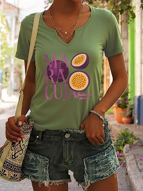 Passion Fruit Print T-Shirt for Women, Trendy Short Sleeve V-Neck Casual Summer Top, Stylish Fitted Clothing for Everyday Wear
