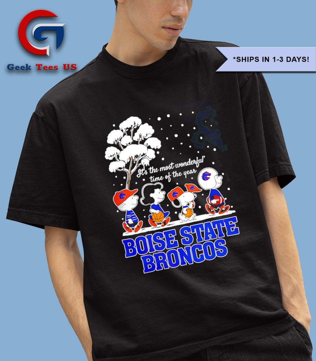 Peanuts characters Boise State Broncos it’s the most wonderful time of the year scene Christmas Season Holiday 2025 shirt
