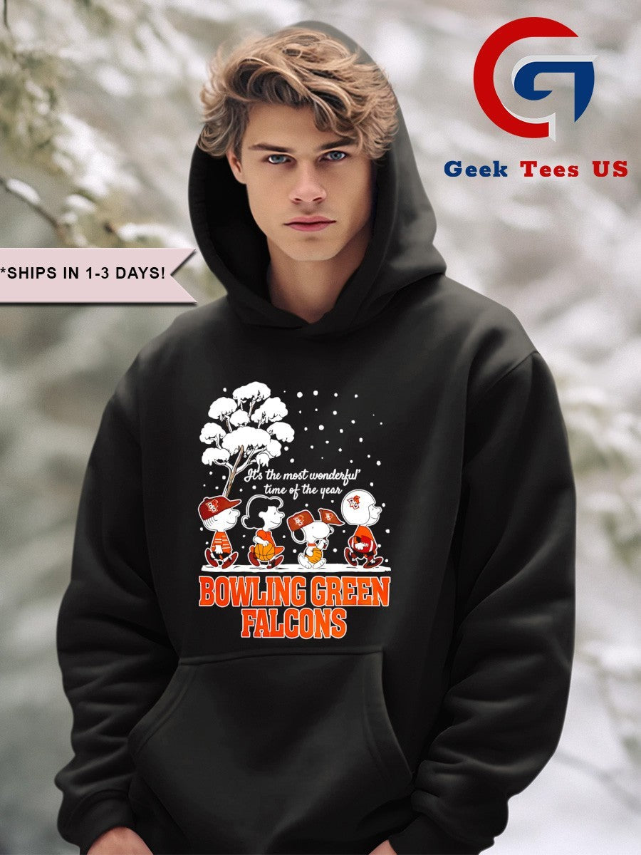 Peanuts characters Bowling Green Falcons it’s the most wonderful time of the year scene Christmas Season Holiday 2025 shirt