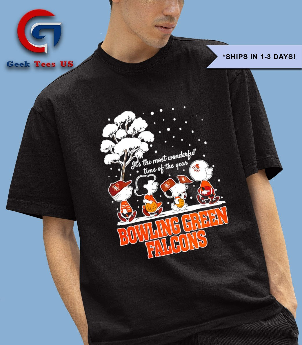 Peanuts characters Bowling Green Falcons it’s the most wonderful time of the year scene Christmas Season Holiday 2025 shirt