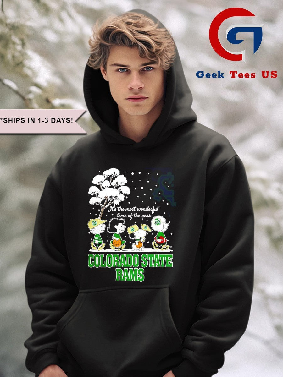 Peanuts characters Colorado State Rams it’s the most wonderful time of the year scene Christmas Season Holiday 2025 shirt