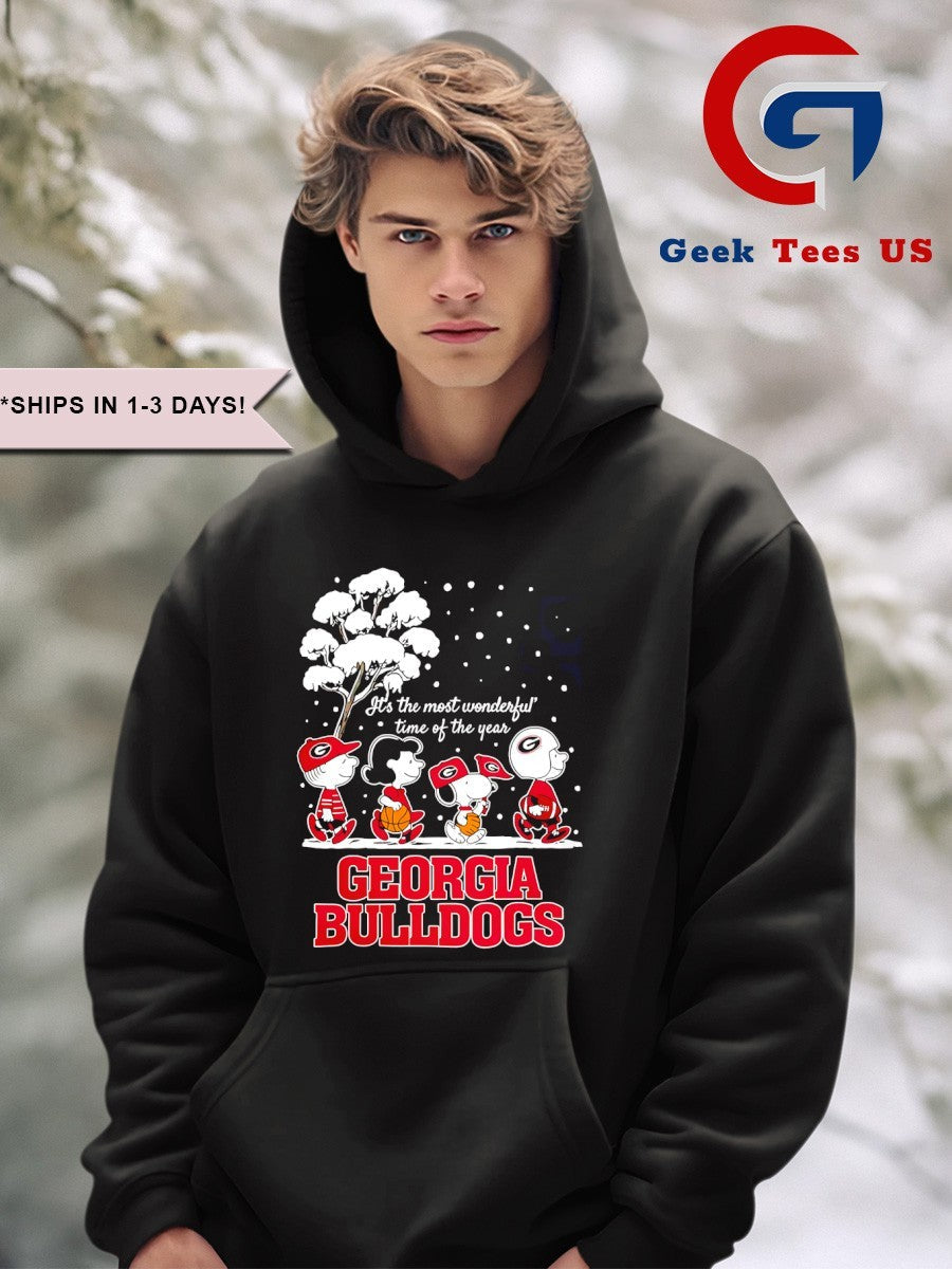 Peanuts characters Georgia Bulldogs it’s the most wonderful time of the year scene Christmas Season Holiday 2025 shirt