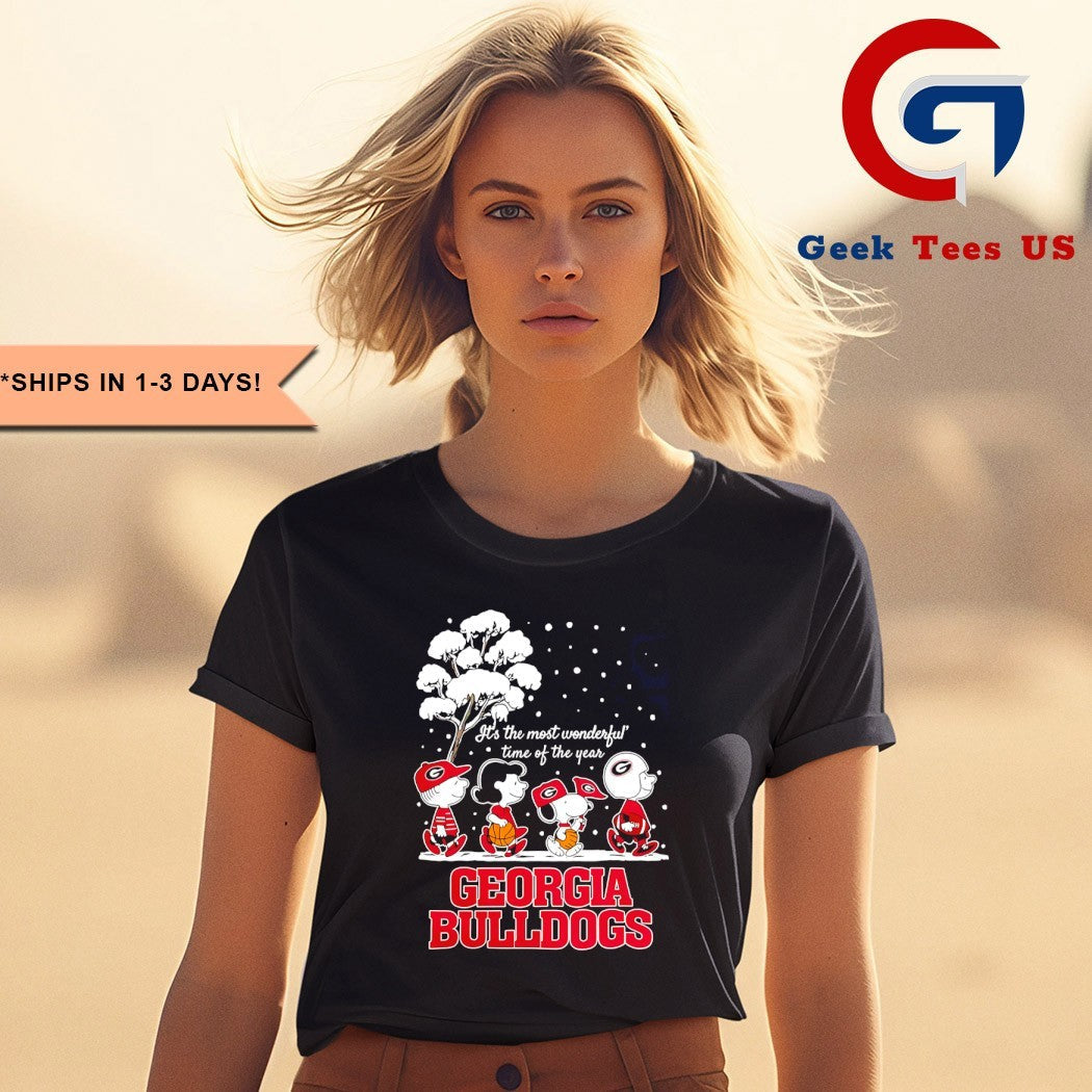 Peanuts characters Georgia Bulldogs it’s the most wonderful time of the year scene Christmas Season Holiday 2025 shirt
