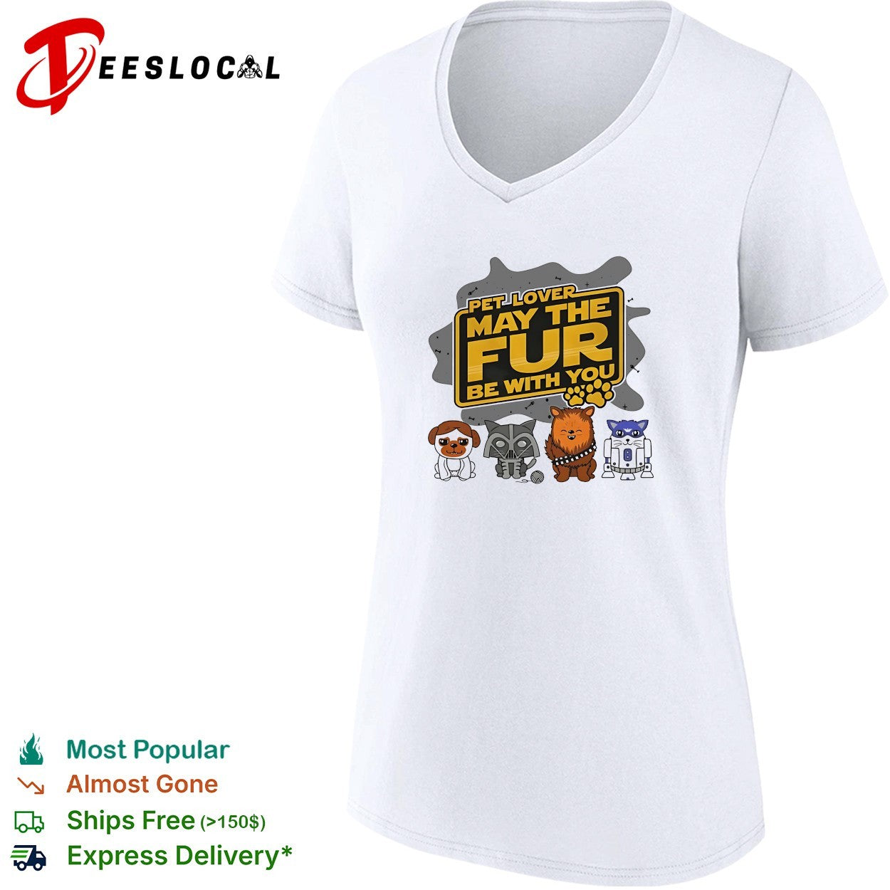 Pet lover may the fur be with you dog cat raccoon and droid parody paw print shirt