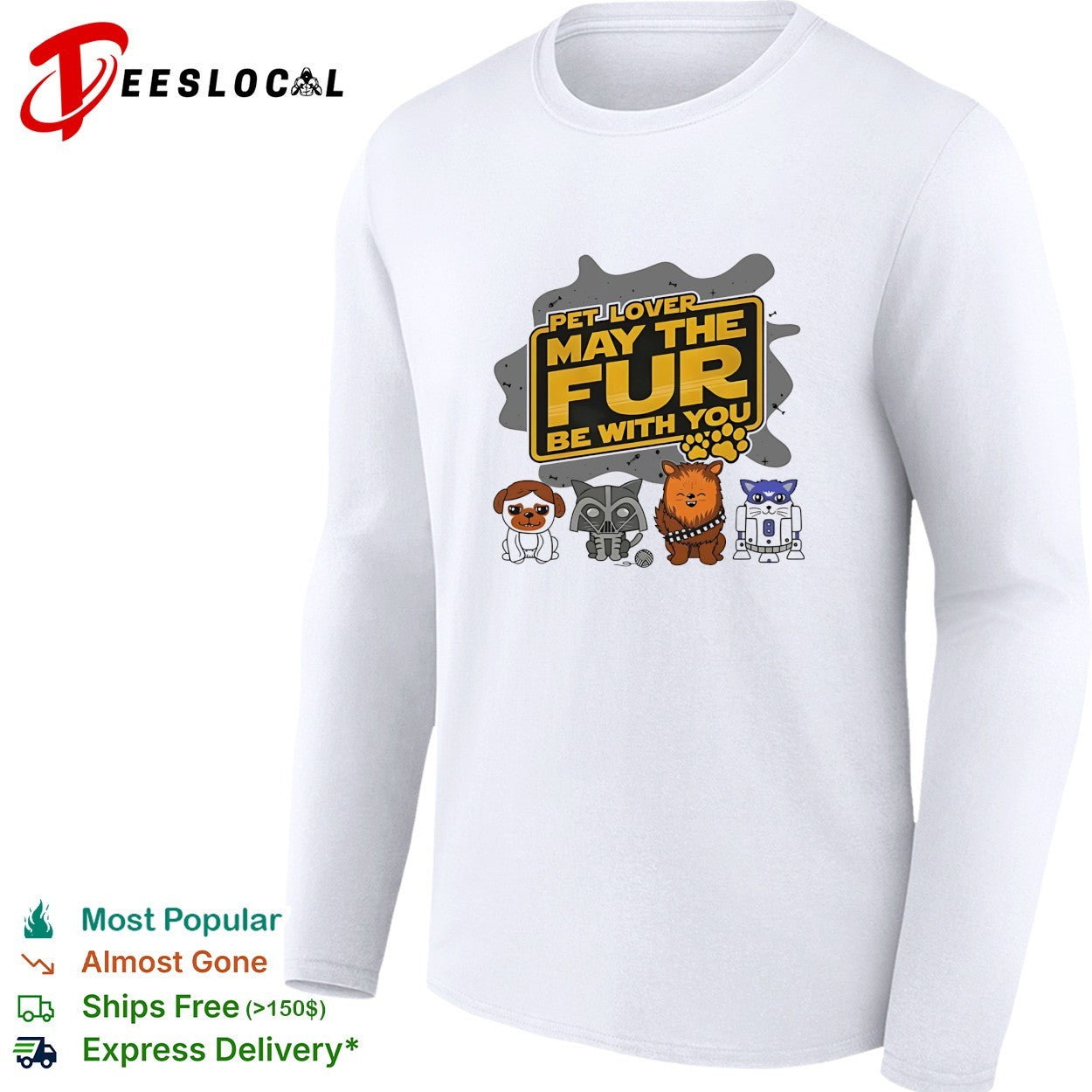 Pet lover may the fur be with you dog cat raccoon and droid parody paw print shirt