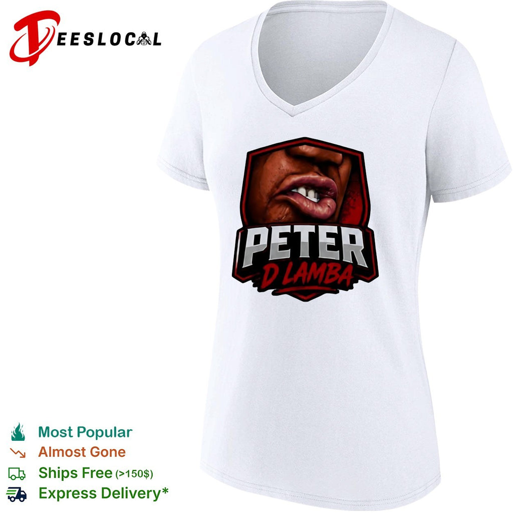 Peter D Lamba shield badge logo featuring biting lip and teeth close up shirt