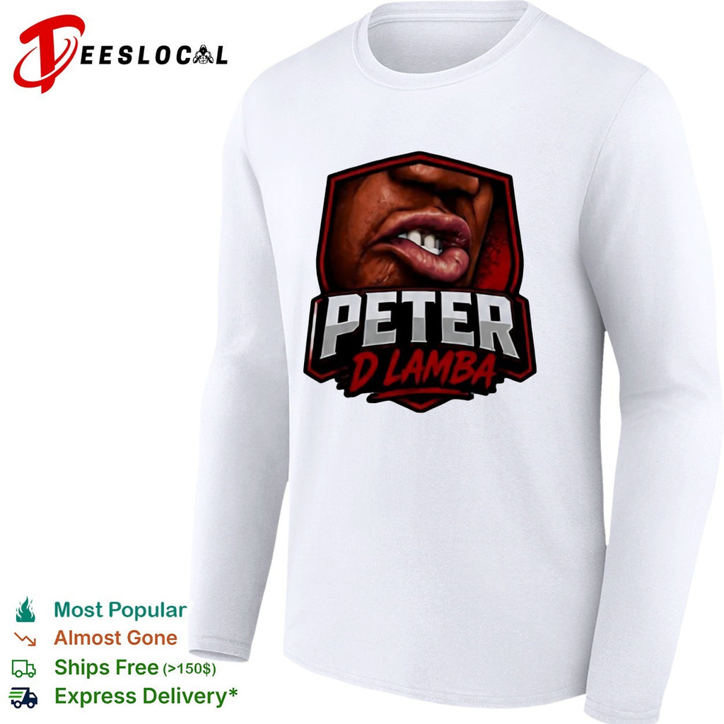 Peter D Lamba shield badge logo featuring biting lip and teeth close up shirt