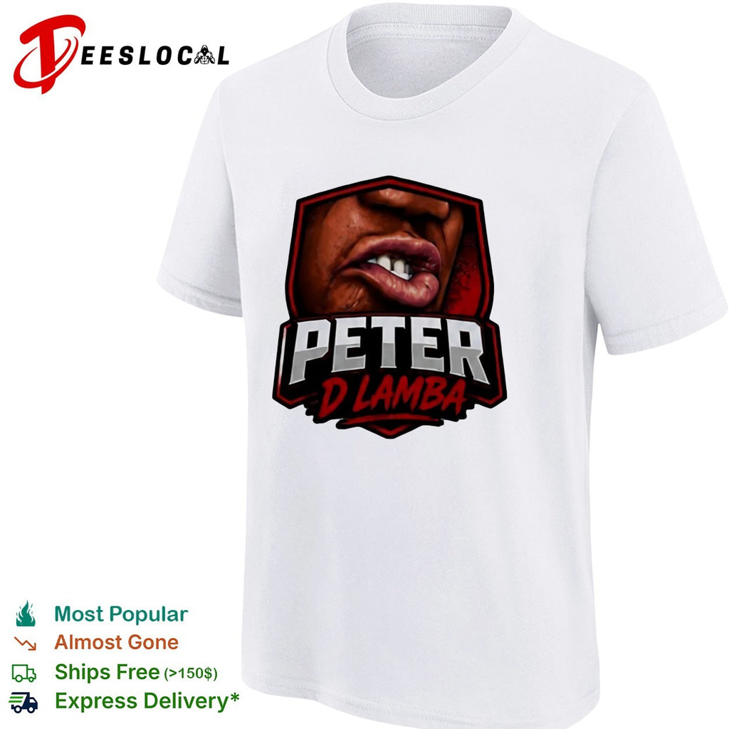 Peter D Lamba shield badge logo featuring biting lip and teeth close up shirt