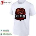 Peter D Lamba shield badge logo featuring biting lip and teeth close up shirt