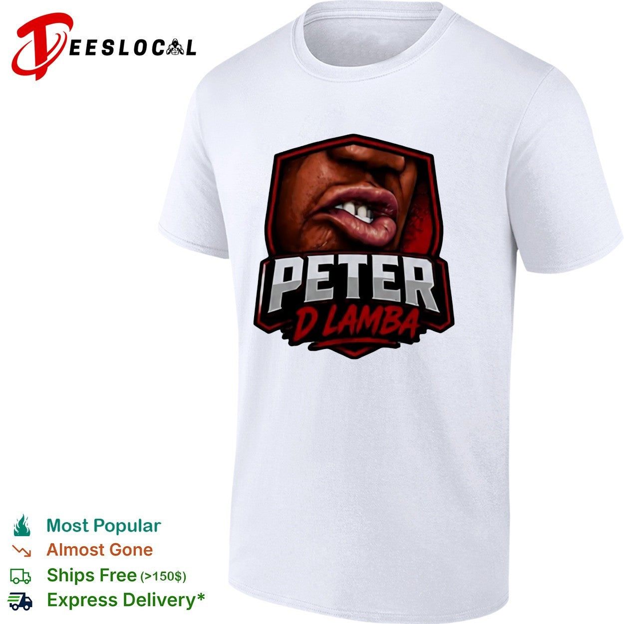 Peter D Lamba shield badge logo featuring biting lip and teeth close up shirt