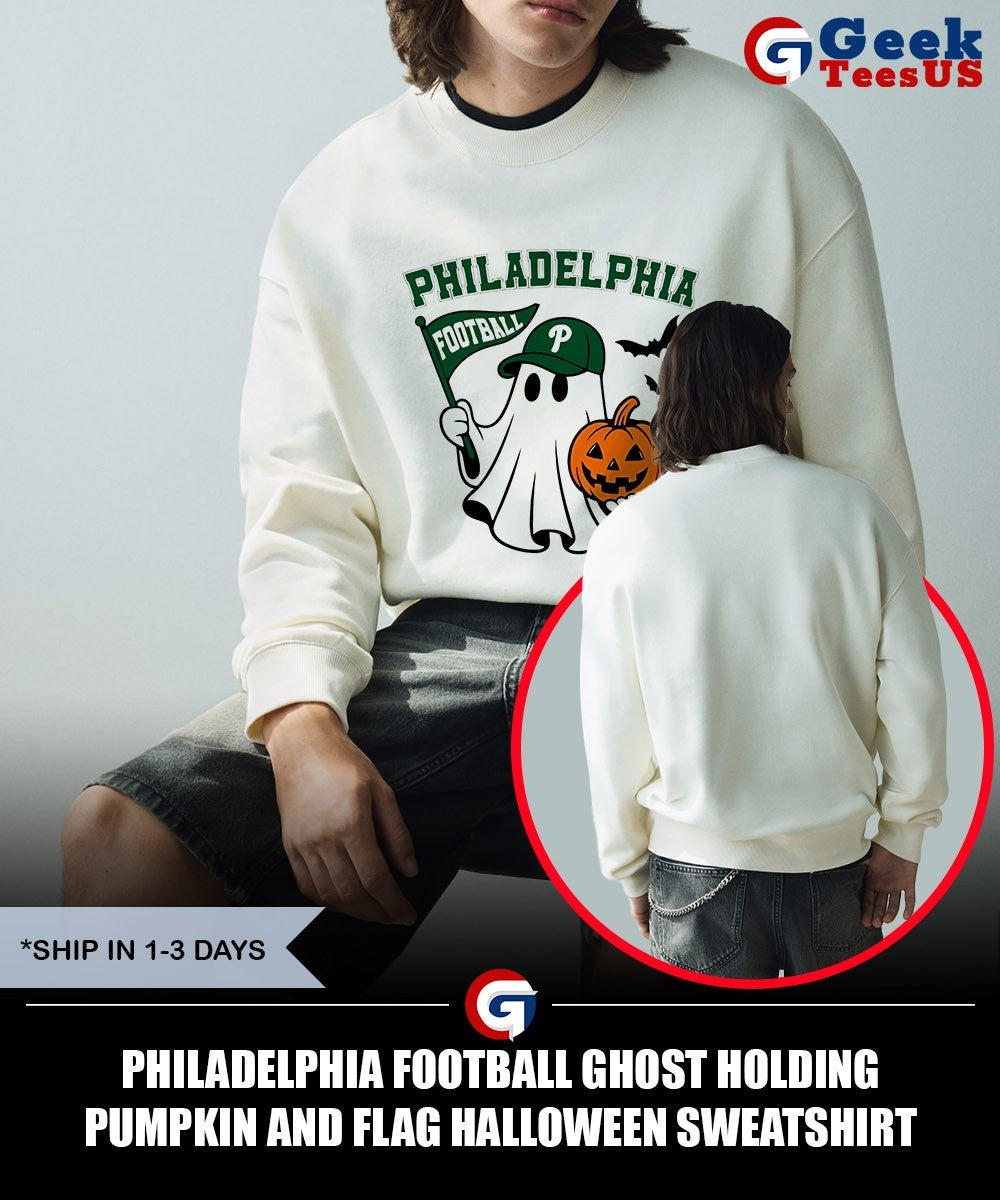 Philadelphia Football Ghost Holding Pumpkin and Flag Halloween shirt