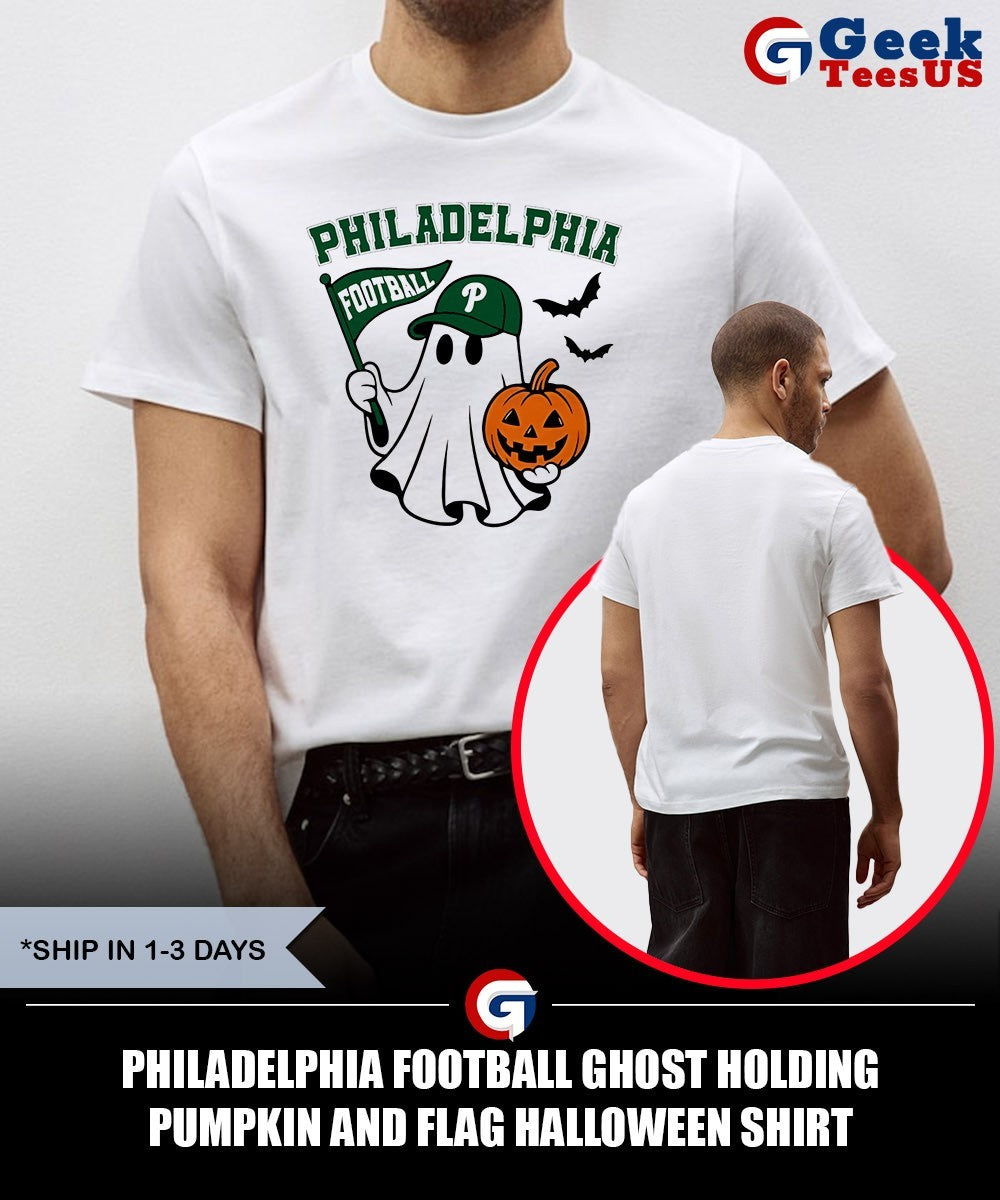 Philadelphia Football Ghost Holding Pumpkin and Flag Halloween shirt