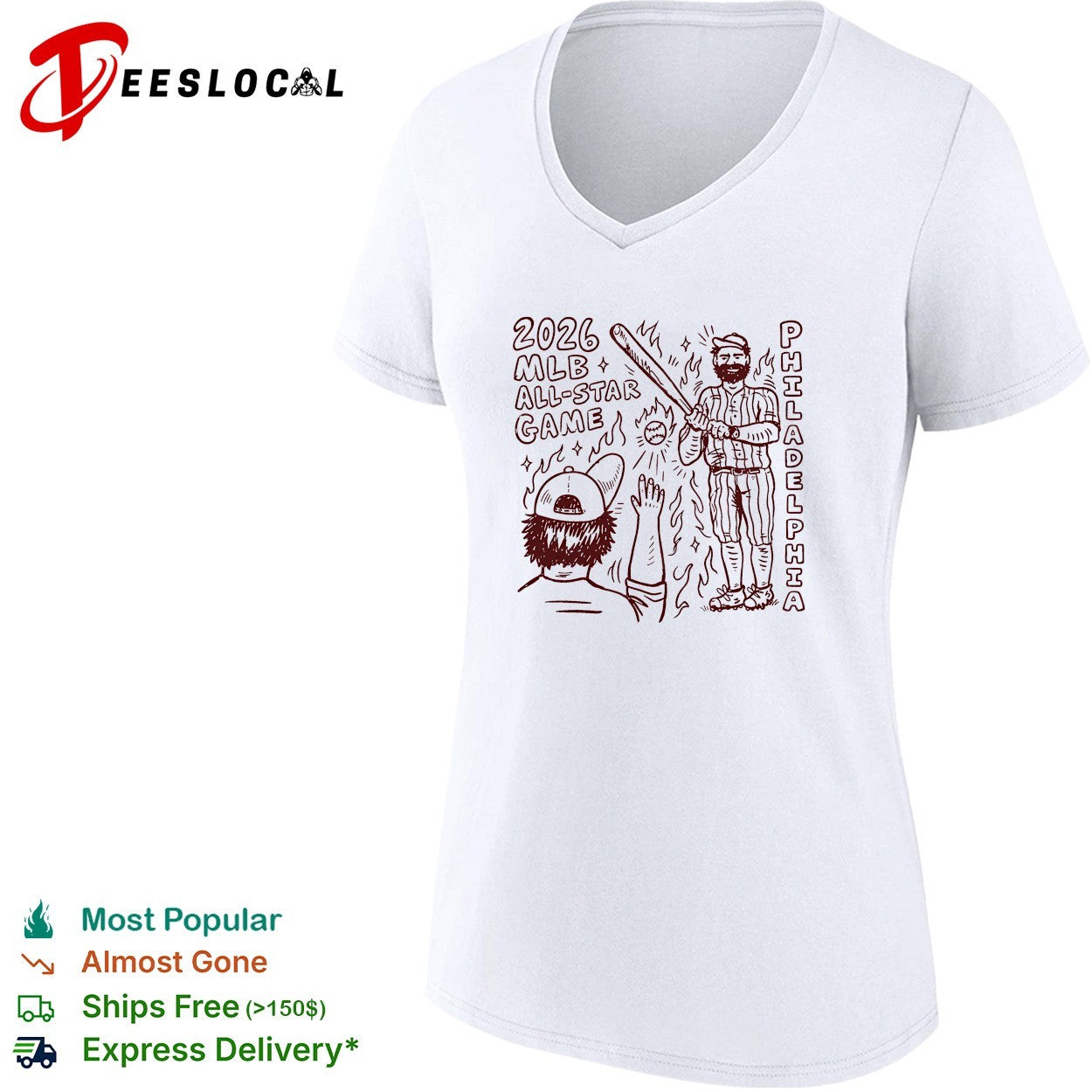 Philadelphia Phillies 2026 MLB all star game player swinging bat while fan cheers on fire shirt