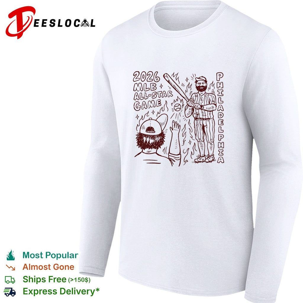 Philadelphia Phillies 2026 MLB all star game player swinging bat while fan cheers on fire shirt