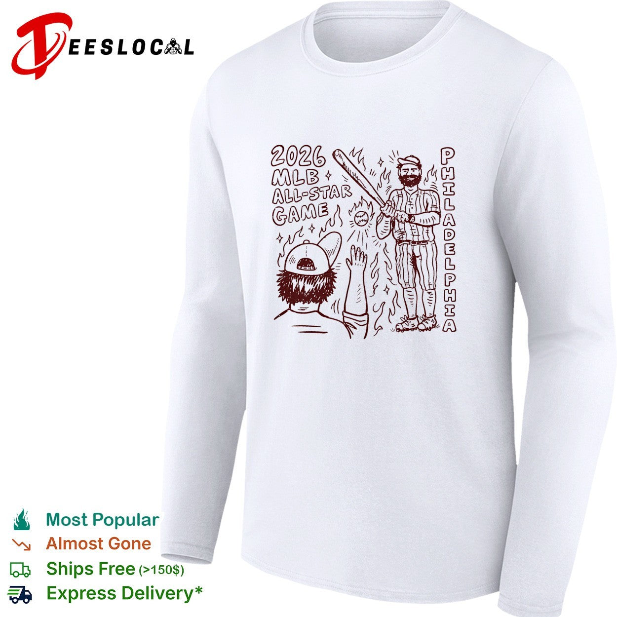 Philadelphia Phillies 2026 MLB all star game player swinging bat while fan cheers on fire shirt