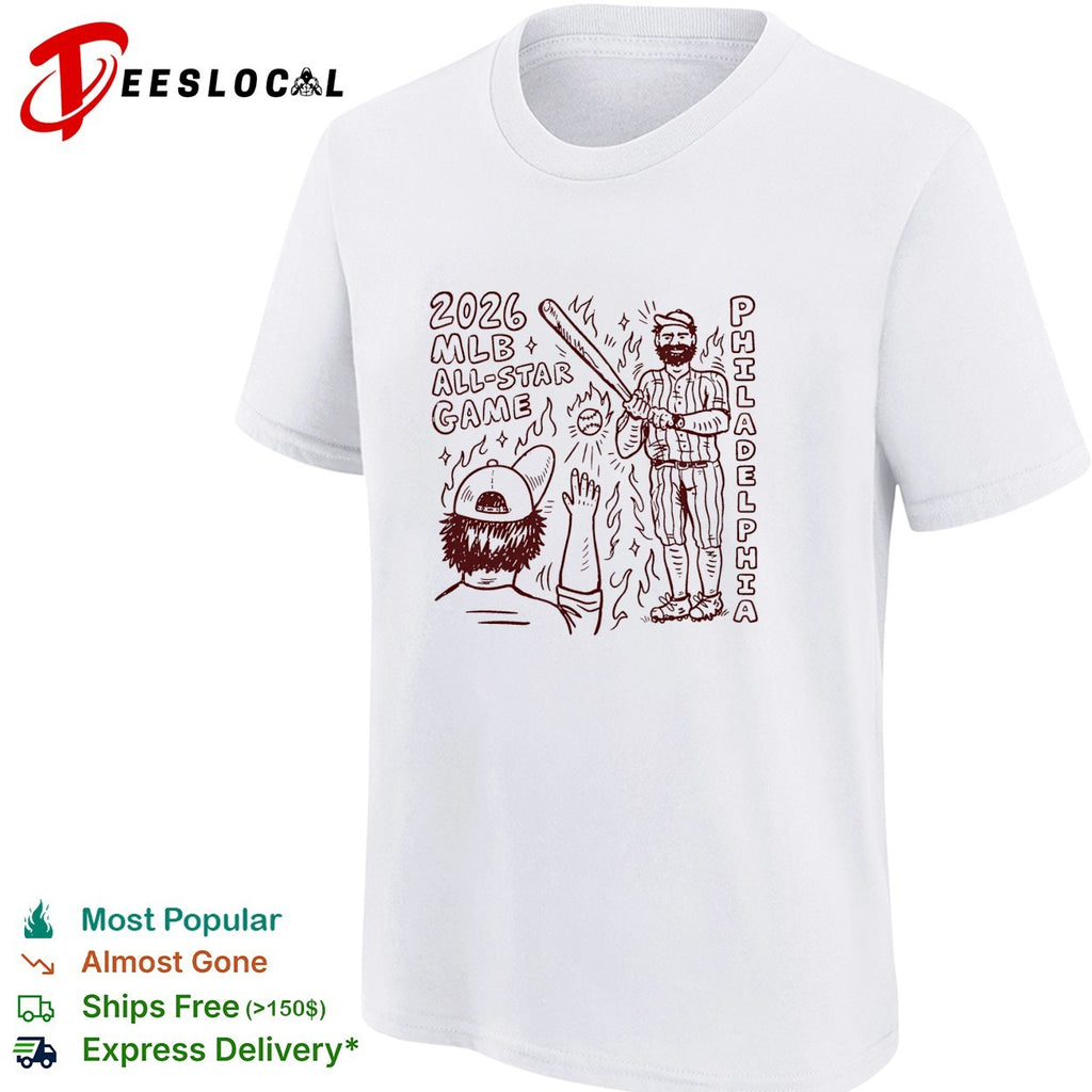 Philadelphia Phillies 2026 MLB all star game player swinging bat while fan cheers on fire shirt