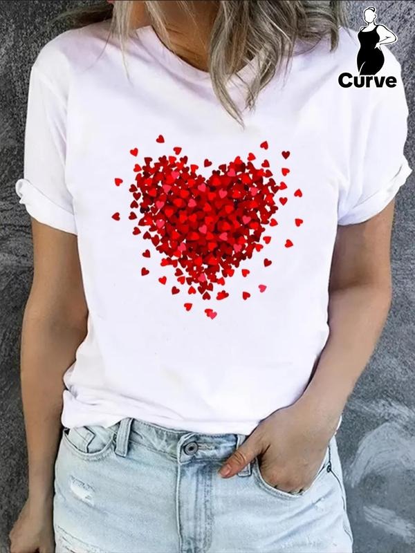 Plus Heart Print Round Neck Tee Suitable, Women's Casual Short Sleeve Crew Neck T-shirt for Summer, Women 2024 Trendy Plus Going out Top Clothing Valentine's Day, gift