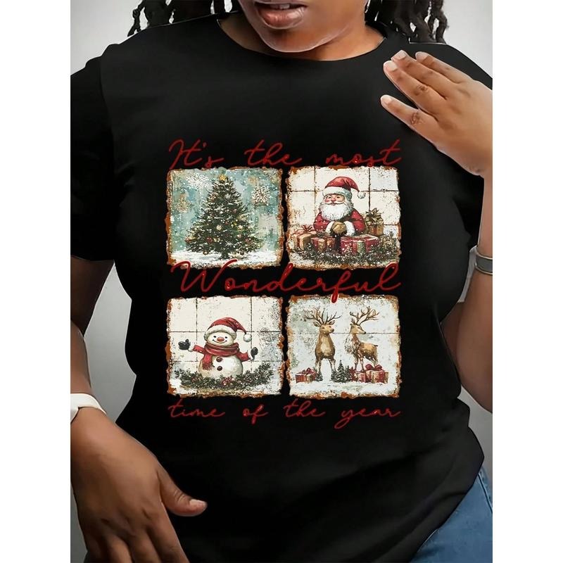Plus Size Christmas T-Shirt  It's The Most Wonderful Time Of The Year With Santa, Snowman, Reindeer And Christmas Tree Print - Holiday Party, Festive Season Wear 220g