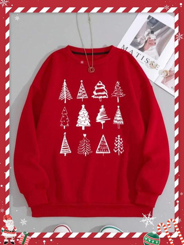 Plus Tree Print Drop Shoulder Sweatshirt Without Necklace, Casual Soft Comfy Long-Sleeve Round Neck Pullover For Fall & Winter, Women's Clothes For Daily Party Wear