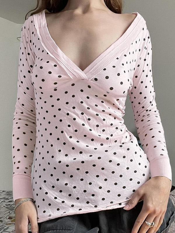 Polka Dot Print V-Neck Long Sleeve Fitted Top, Y2K Sweet Cute Fall Casual T-Shirt, Women's Fashion Clothing