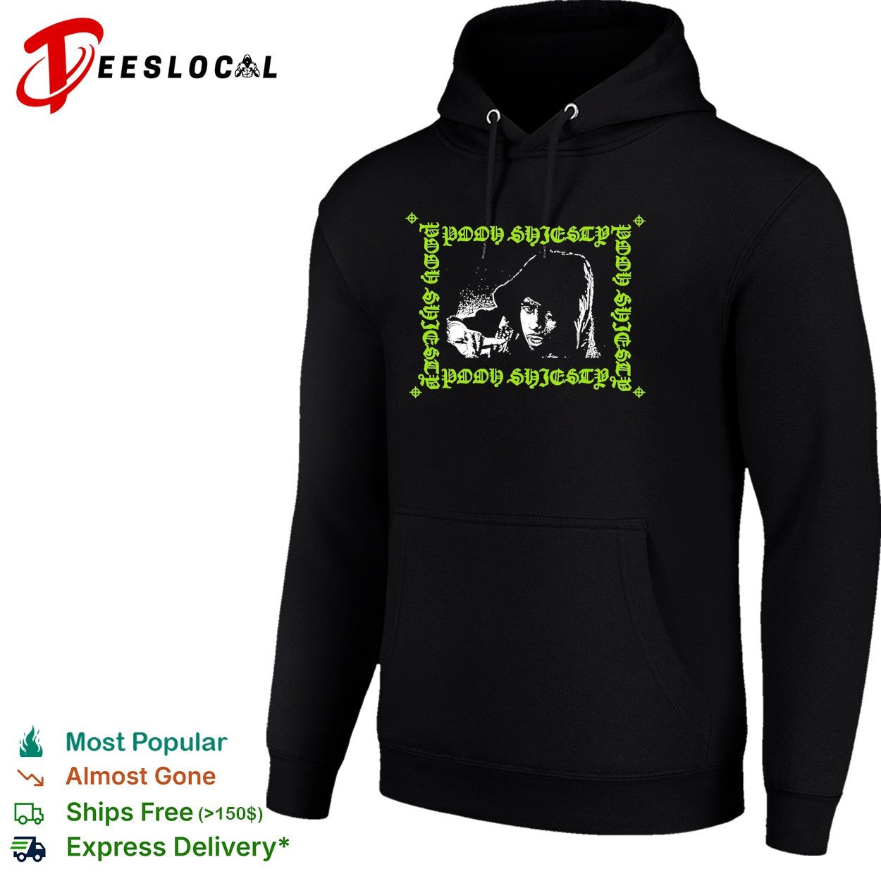 Pooh Shiesty hooded figure smoking cigarette gothic border repeated text logo shirt