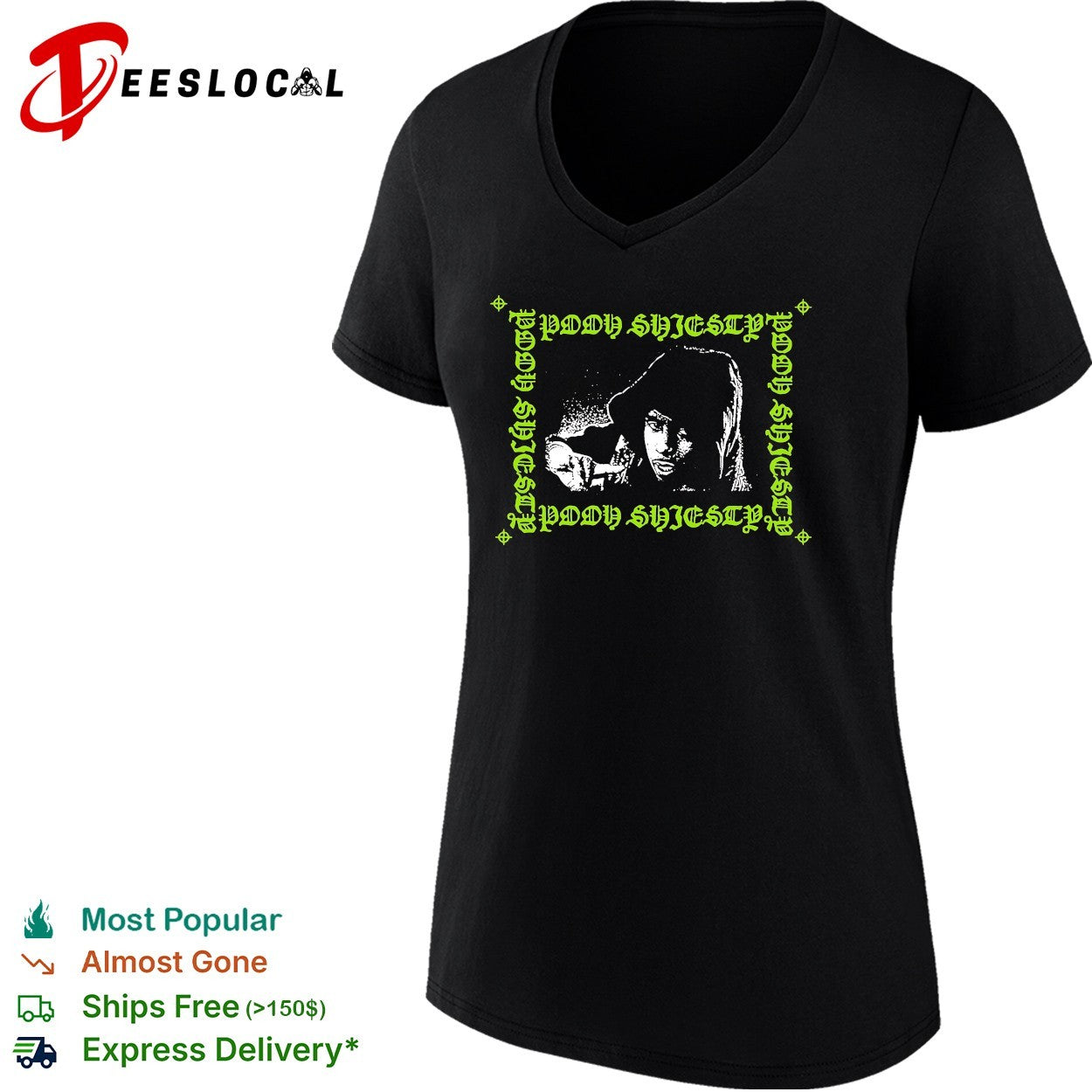 Pooh Shiesty hooded figure smoking cigarette gothic border repeated text logo shirt