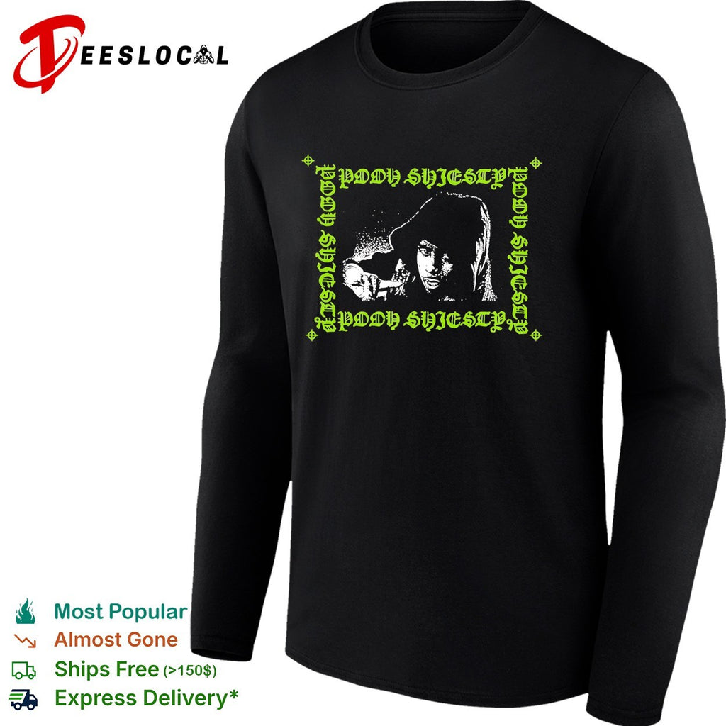 Pooh Shiesty hooded figure smoking cigarette gothic border repeated text logo shirt