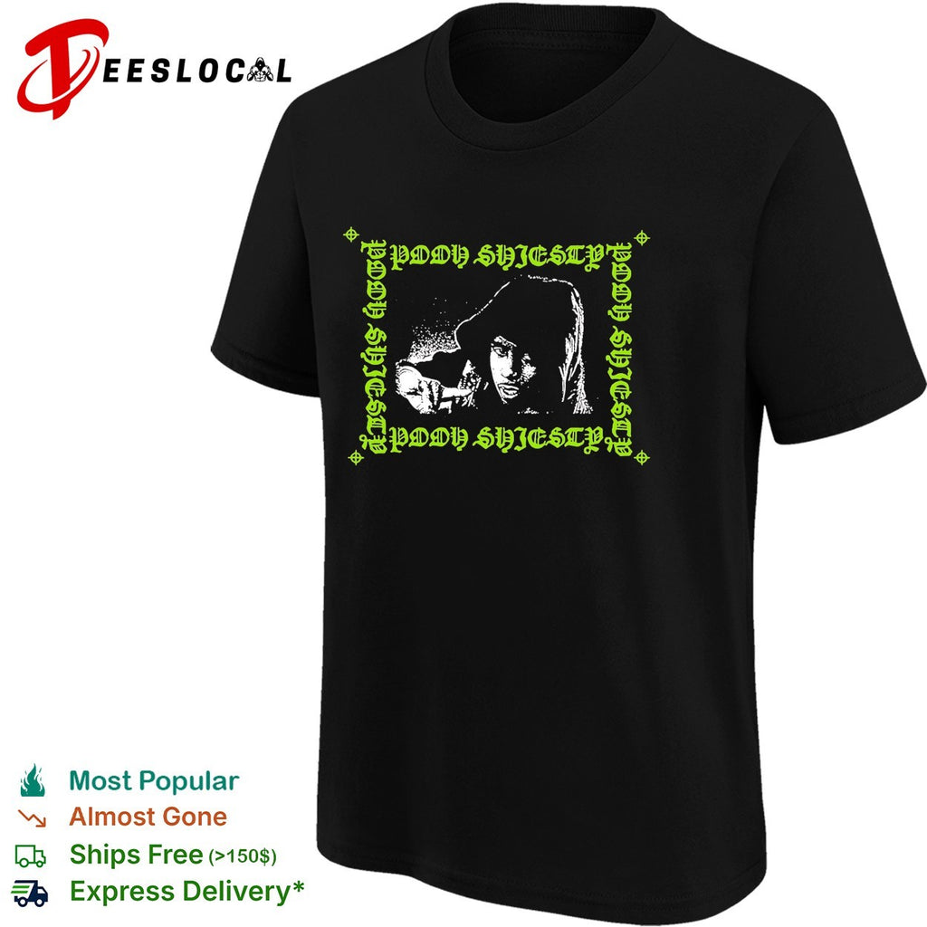 Pooh Shiesty hooded figure smoking cigarette gothic border repeated text logo shirt