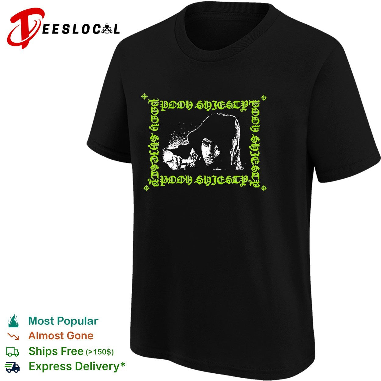 Pooh Shiesty hooded figure smoking cigarette gothic border repeated text logo shirt