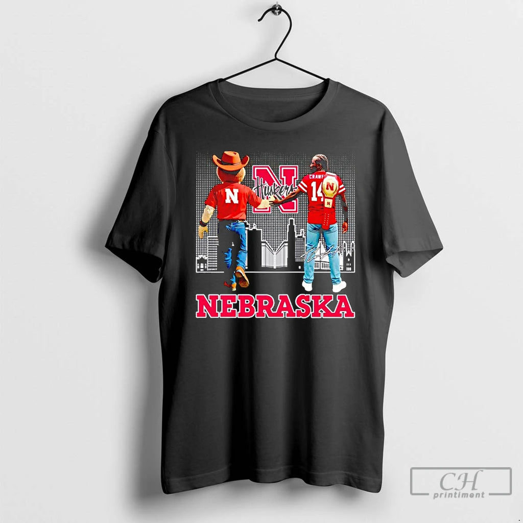 Premium Herbie Husker And Crawford Nebraska Cornhuskers City Skyline Signature T Shirts