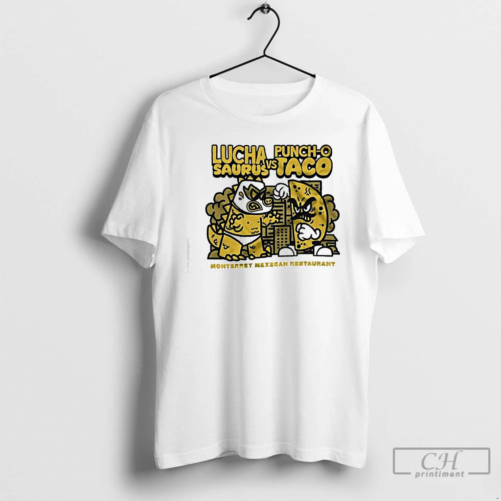 Premium Lucha Punch O Saurus Vs Taco Monterrey Mexican Restaurant Graphic
