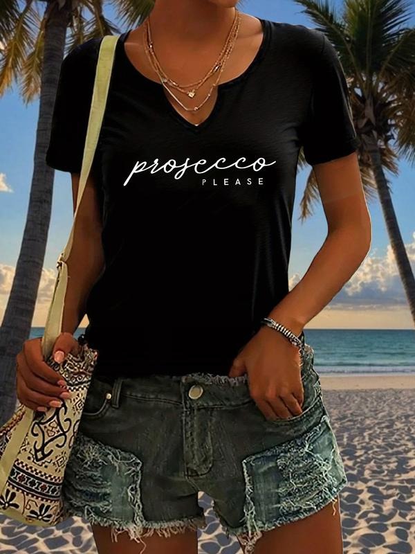 Prosecco Please Letter Print T-Shirt for Women, Casual Short Sleeve V-Neck Summer Top, Trendy Ladies Fashion Tee