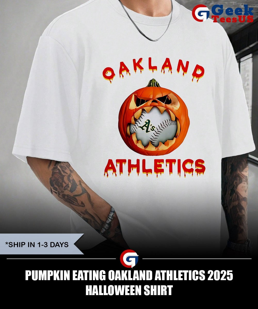 Pumpkin eating Oakland Athletics 2025 Halloween shirt