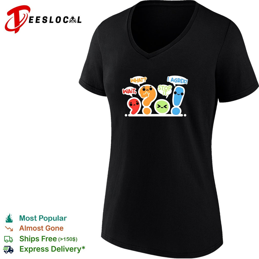 Punctuation marks question mark and exclamation point cartoon characters arguing shirt