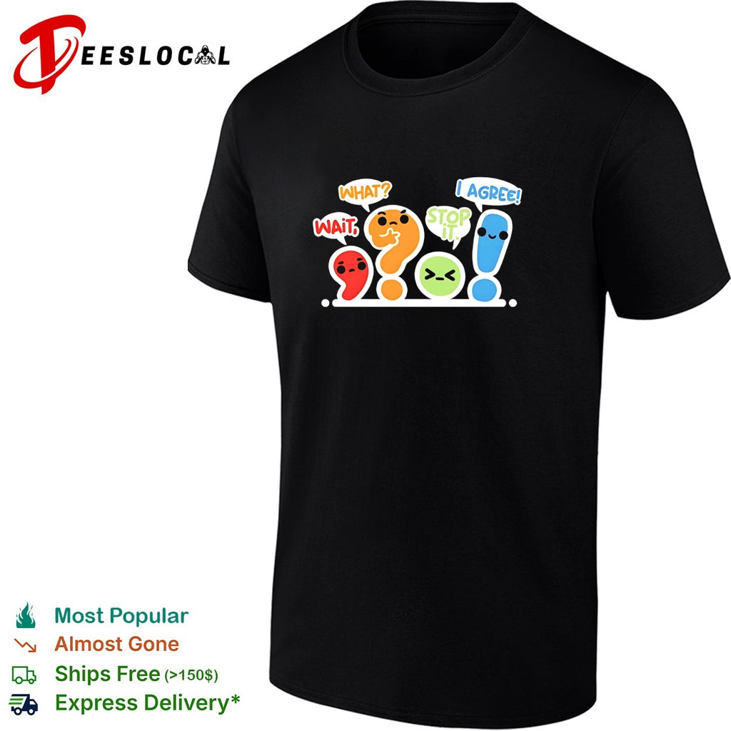 Punctuation marks question mark and exclamation point cartoon characters arguing shirt