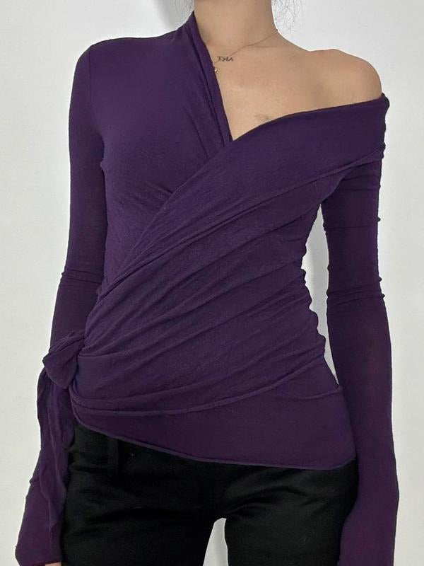 Pure Color V-Neck Crossed Tie T-Shirt Y2K Vintage Elegant Basic Casual Open Front Fall Winter, Casual Classy Fashion Women's Fashion Top