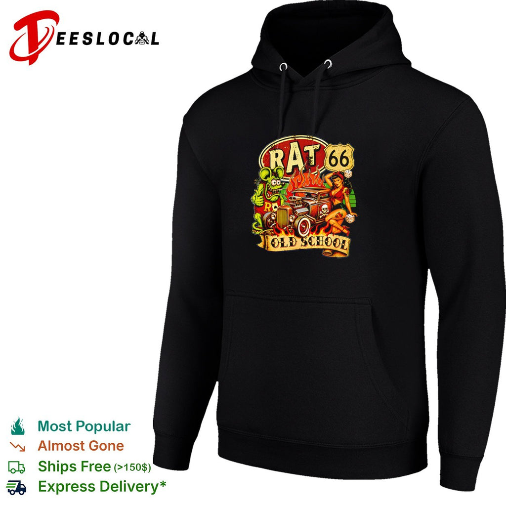 Rat mascot beside hot rod car and pinup girl rat 66 old school flames badge shirt