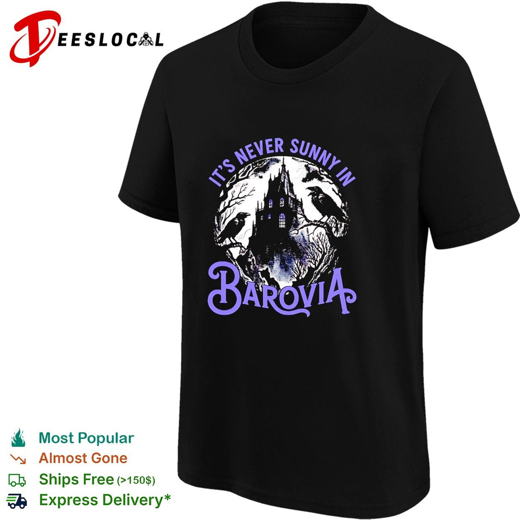 Ravens perching on gothic castle its never sunny in barovia dnd parody shirt