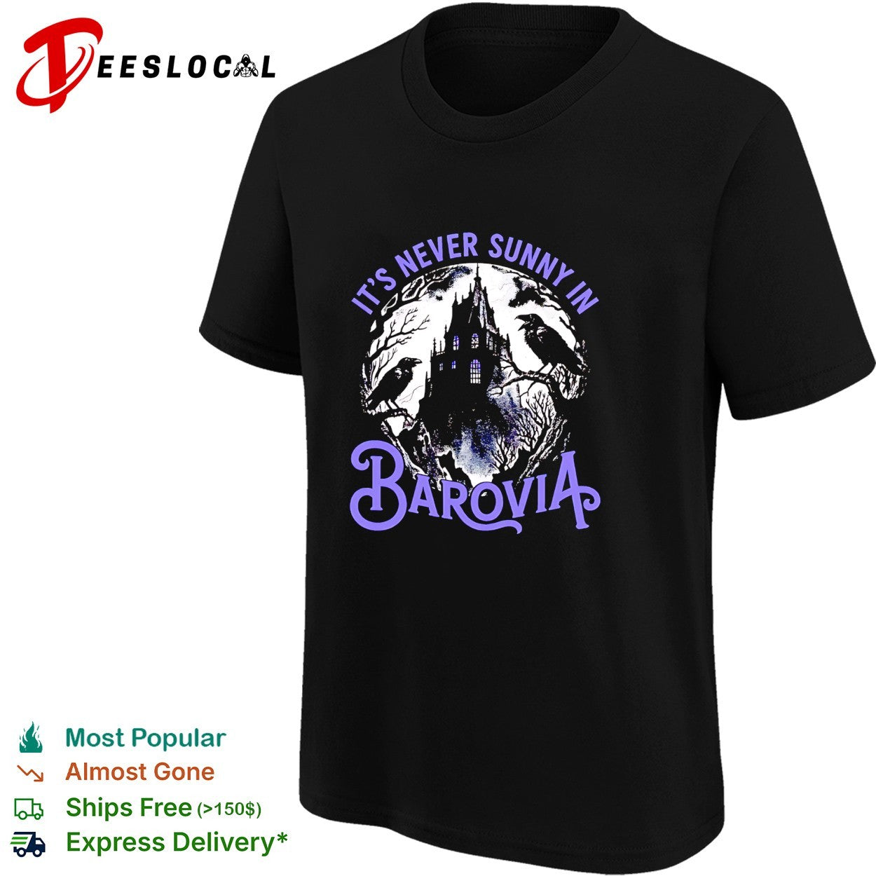 Ravens perching on gothic castle its never sunny in barovia dnd parody shirt