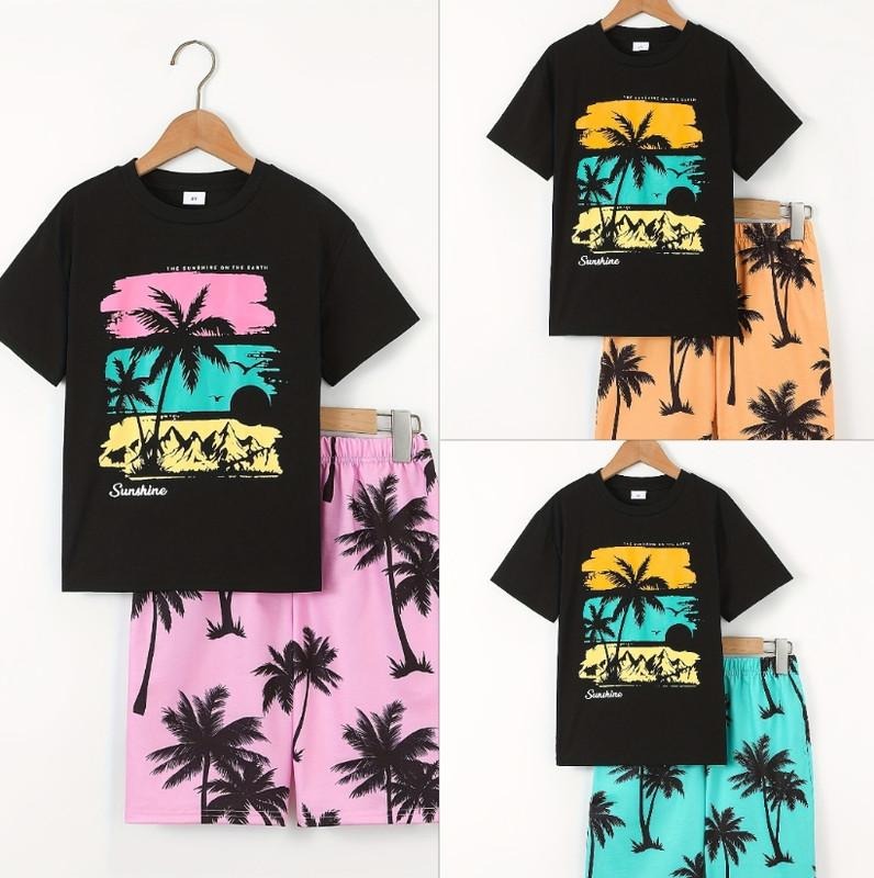 Ready Stock 7-12Y Big Boys Kid Boys Vacation Style Coconut Tree Print Short Sleeve T-shirt Elastic Shorts Set 2Pcs Comfy Summer Clothes 15300056 Outdoor Activities Party Gift Everyday Wear