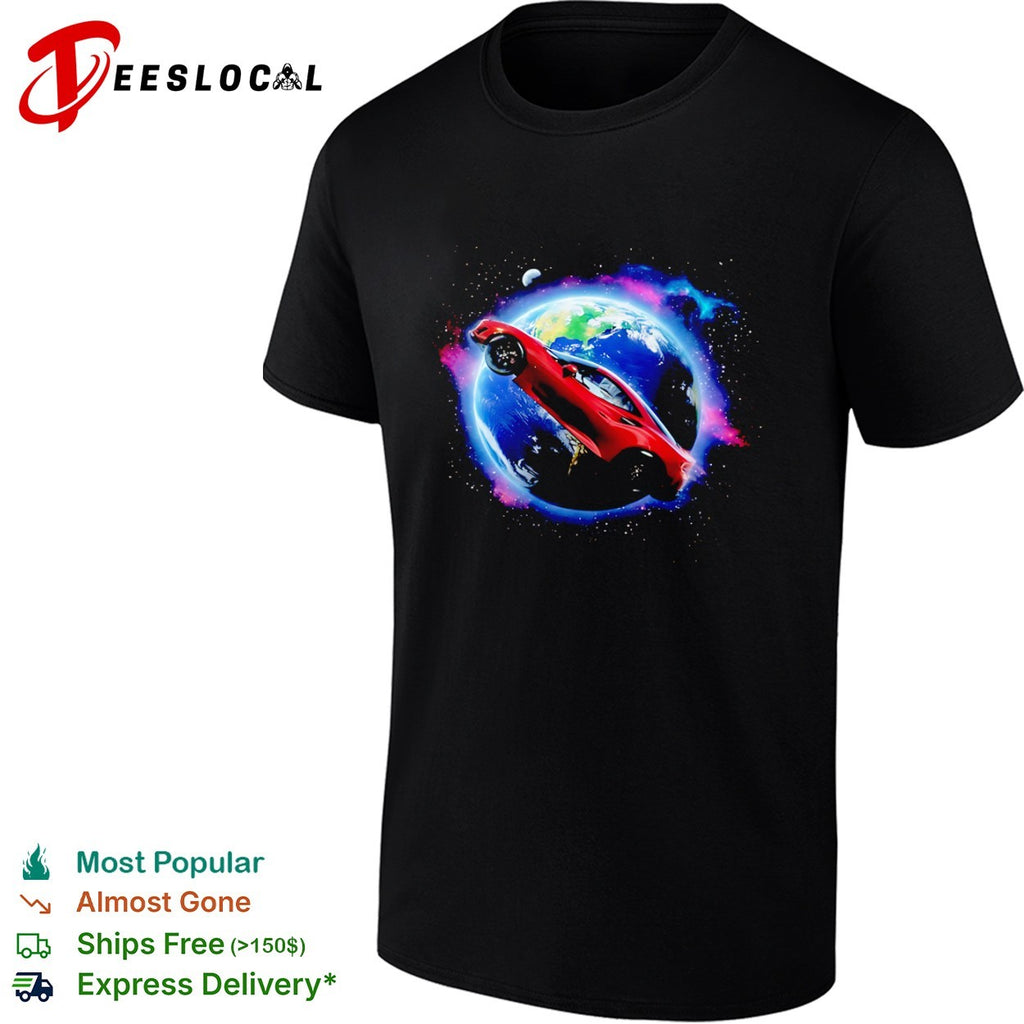 Red Sports Car Orbiting Earth in Space supercar shirt