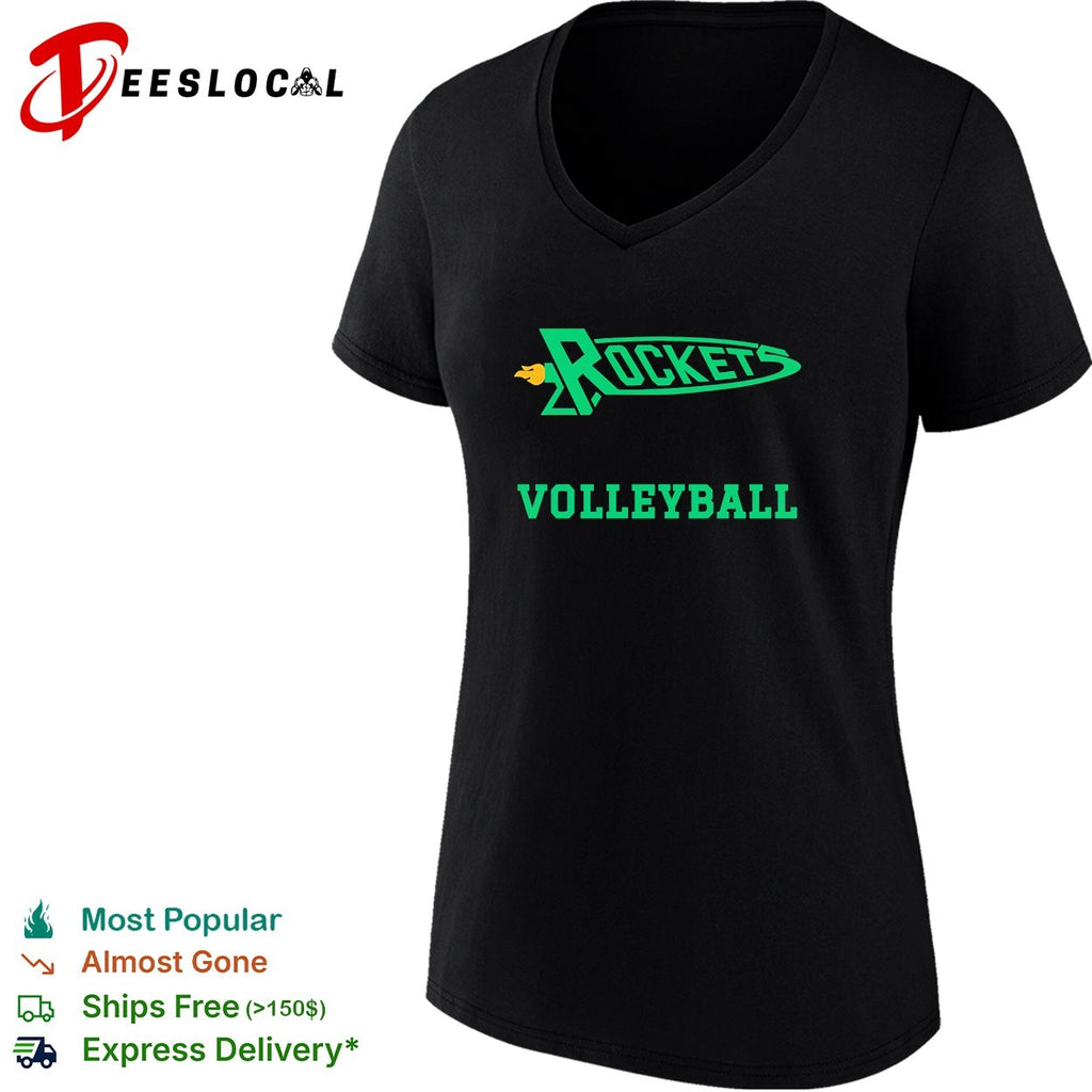 Rockets volleyball team logo with flame trailing comet shape mascot badge shirt