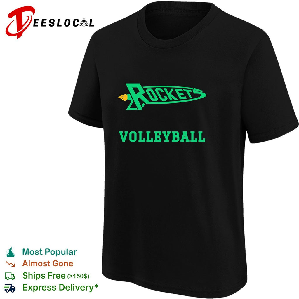 Rockets volleyball team logo with flame trailing comet shape mascot badge shirt